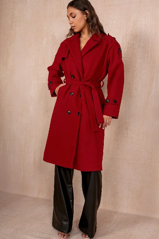 Ravi Burgundy Double Breasted Belted CoatWool Overcoats