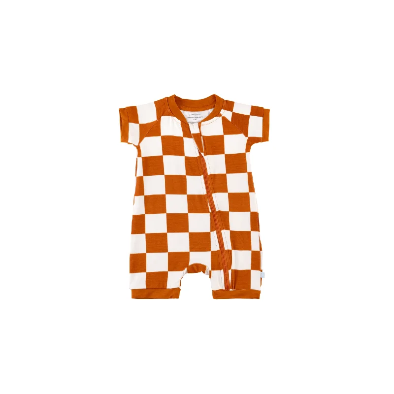 Cycling Short Sleeve TopsBaby Short-Sleeve Bamboo Romper | Rust Checkerboard