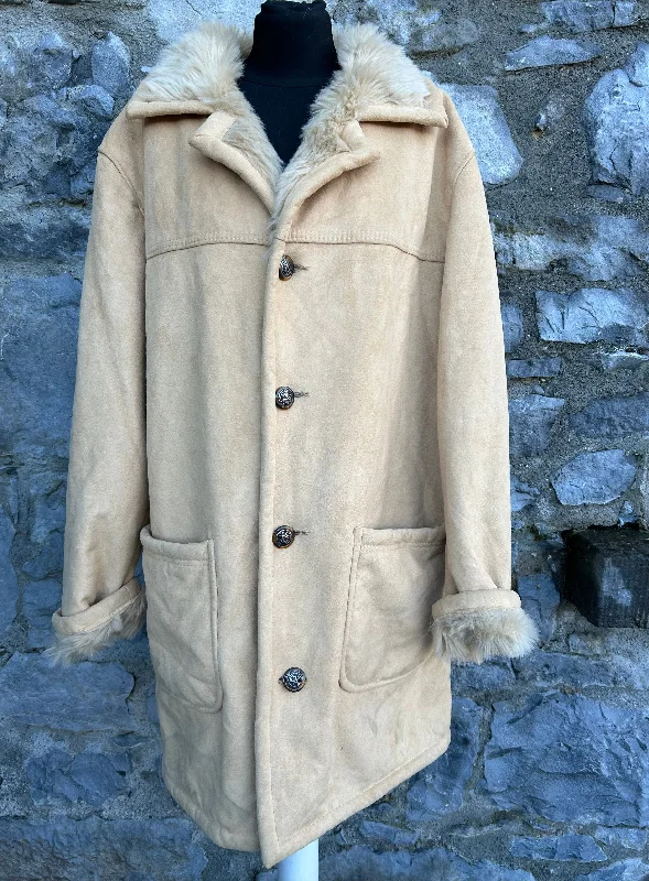 90s Beige suede coat LargeRibbed Cuff Overcoats