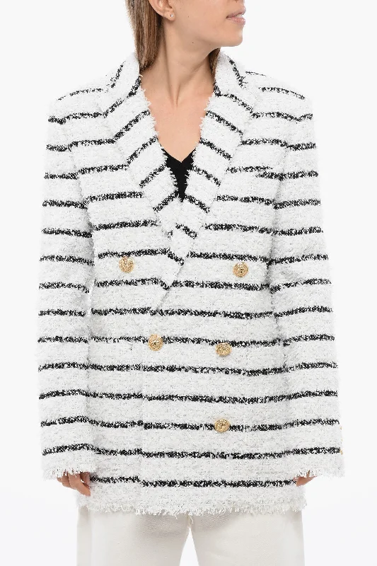 Balmain Striped Double Breasted Coat With Jewel ButtonsRetro Overcoats