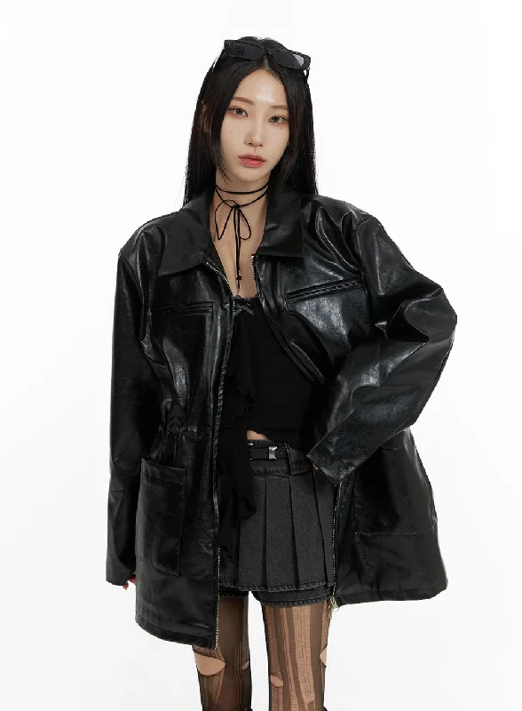 Zip-Up Faux Leather Midi Coat CF429Ruffled Overcoats