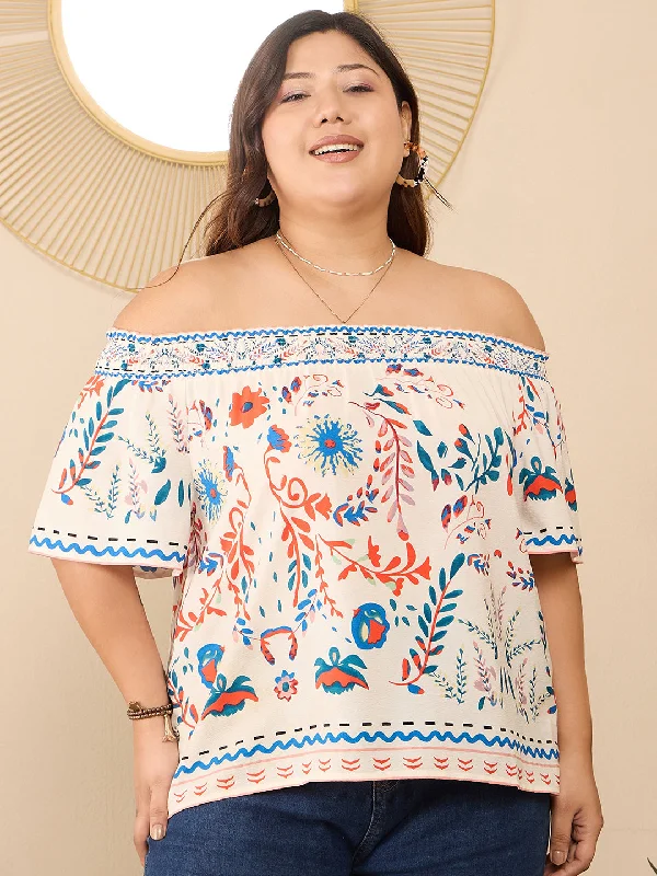 Jersey Short Sleeve TopsBerrylush Curve Women White & Multicolour Tribal Printed Off-Shoulder Neck Short Sleeves Regular Top