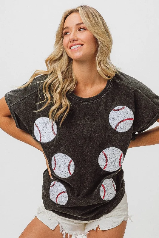 Travel Short Sleeve TopsSequin Baseballs Washed Short Sleeve Top  * -BiBi - Final Sale