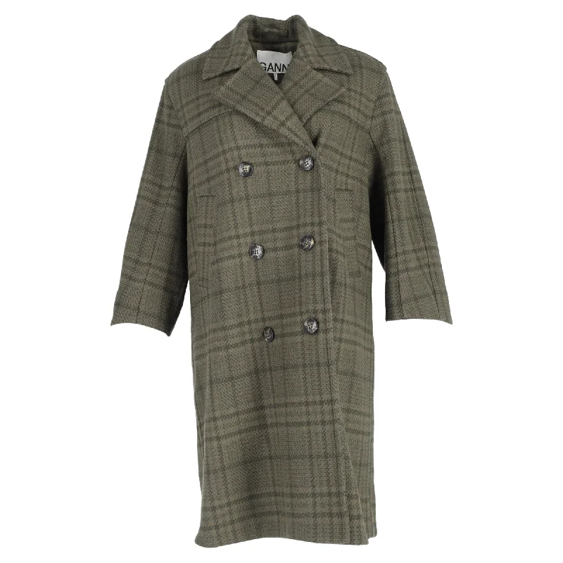 Ganni Double-Breasted Checked Coat in Green WoolTasseled Overcoats