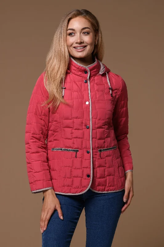 Mesh-Lined HoodiesSquare Quilt Hooded Jacket-Red