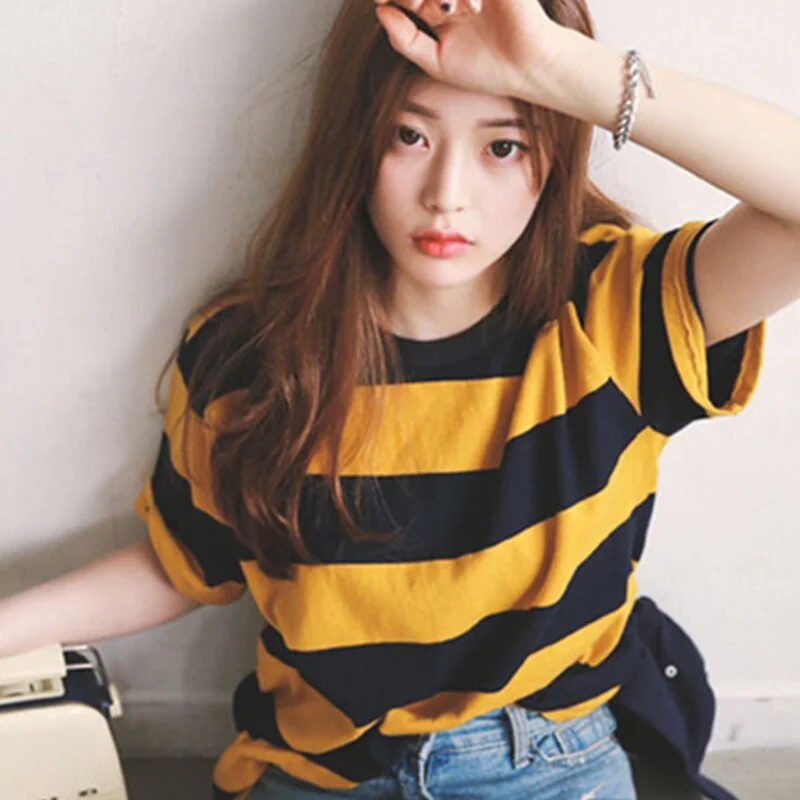 Outdoor Short Sleeve TopsWomen stripe T-Shirt Streetwear Oversized TShirt Casual shirts clothes summer Loose Hipster Tops Tees O-neck Short Sleeve Female