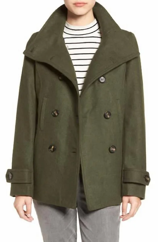 Double Breasted Peacoat Hunter Jacket In GreenFaux Fur Overcoats