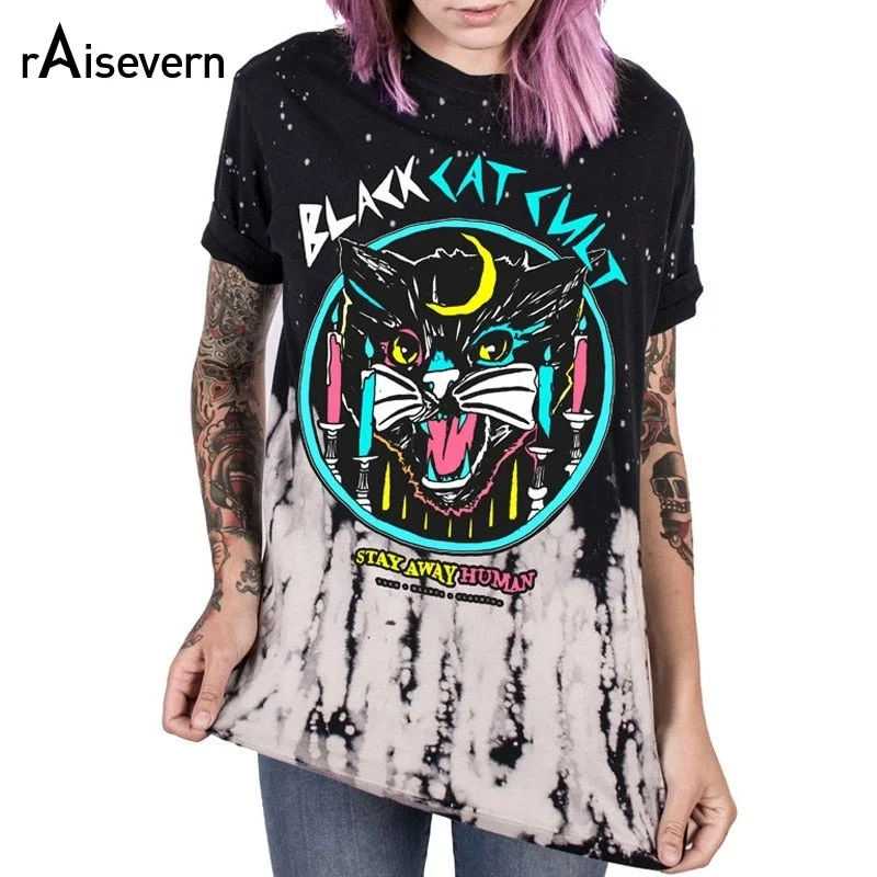 Hunting Short Sleeve TopsRaisevern Stay Away Human Black Cat Cult T Shirts Women 2019 Summer Harajuku Style Short Sleeve S-XXXL