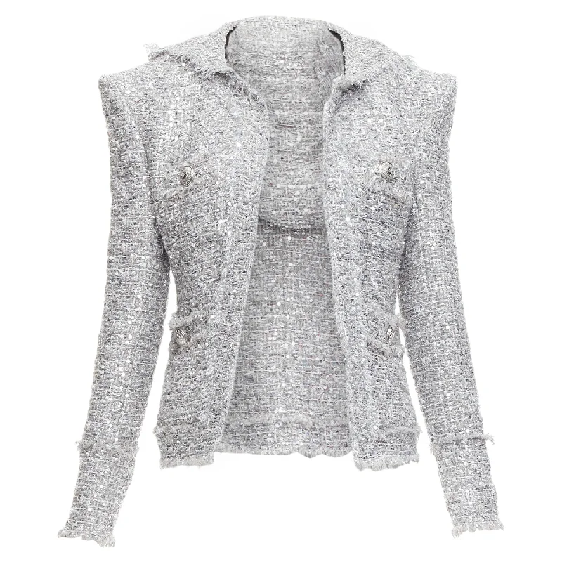 Embellished SweatshirtsBalmain silver sequinned boucle tweed hooded power shoulder jacket