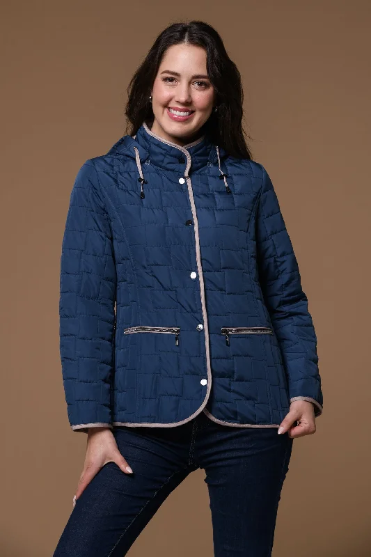 Stretch-Knit SweatshirtsSquare Quilt Hooded Jacket-Navy