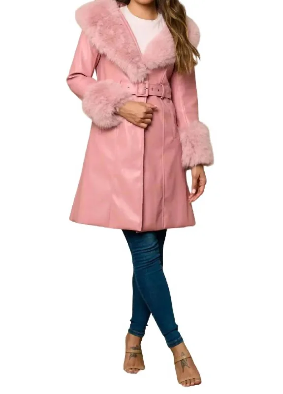 Faux Leather Coat In PinkMetallic Overcoats