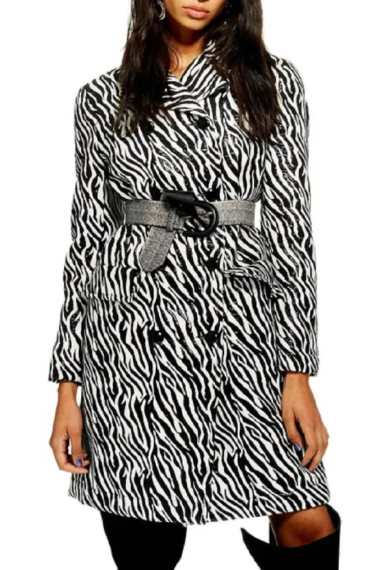 Zebra Print Double Breasted Shimmer Coat In Black/whiteBranded Overcoats