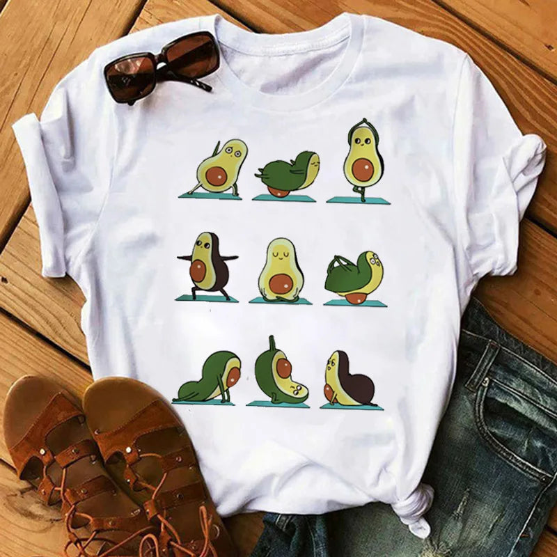 Camping Short Sleeve TopsKawaii Cartoon Avocado Short Sleeve T-shirt  Female Tee Summer Women T-shirts Tops