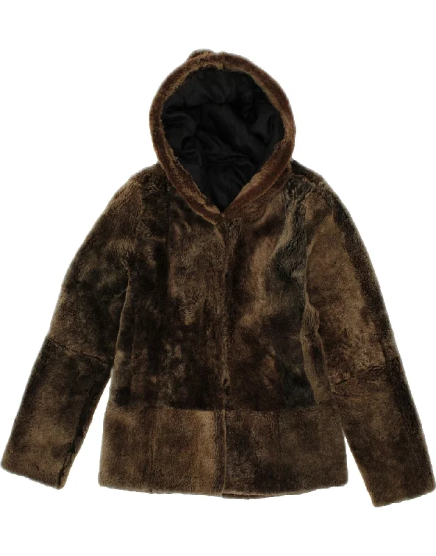 Cropped HoodiesVINTAGE Womens Hooded Faux Fur Jacket UK 12 Medium Brown