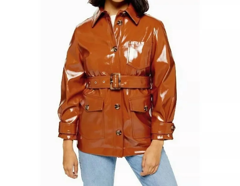 High Gloss Patent Belted Coat In BrownPunk Overcoats