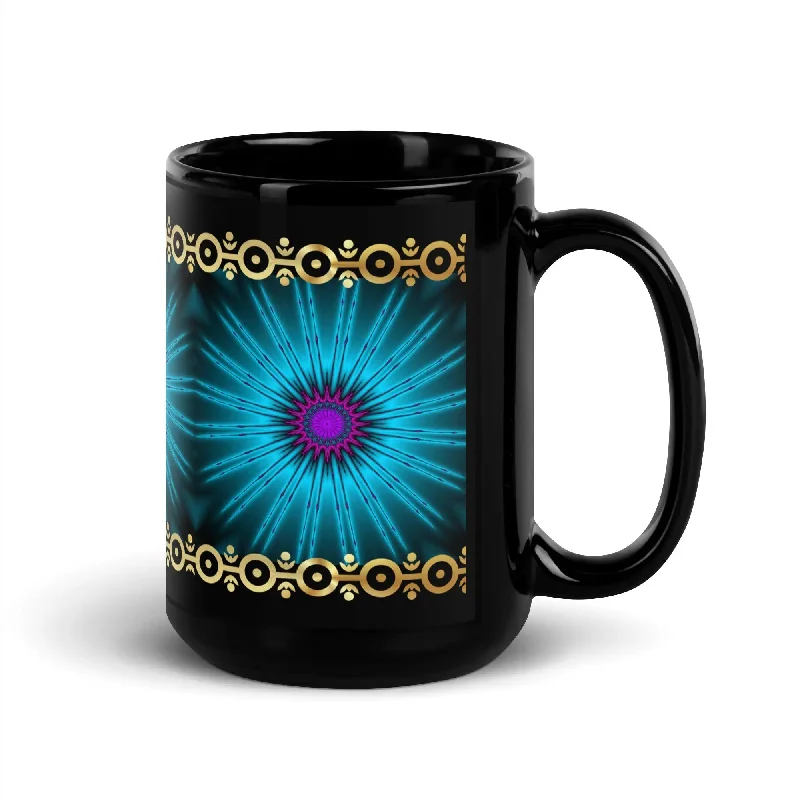 Retro HoodiesGlowing Fractal with Gold Trim Black Glossy Mug