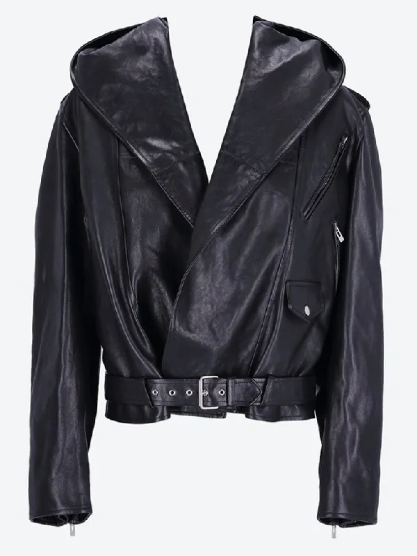 Hemp SweatshirtsWashed leather hooded biker jacket