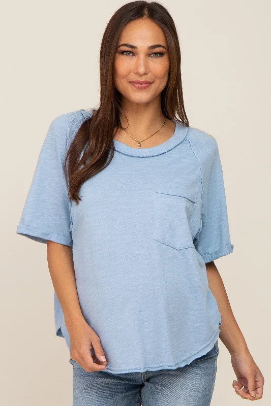 Organic Cotton Short Sleeve TopsLight Blue Front Pocket Raw Edge Trim Short Sleeve Maternity Top