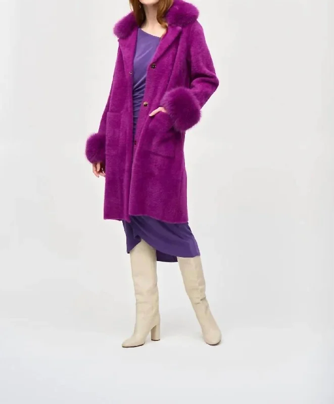 Long Sweater Coat With Fur Trim In EmpressRunning Overcoats