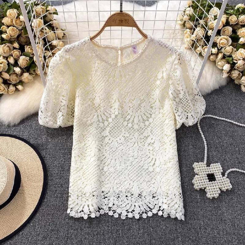 Metallic Short Sleeve TopsBubble Short-Sleeved Round Neck Women’s Lace Top       S3991