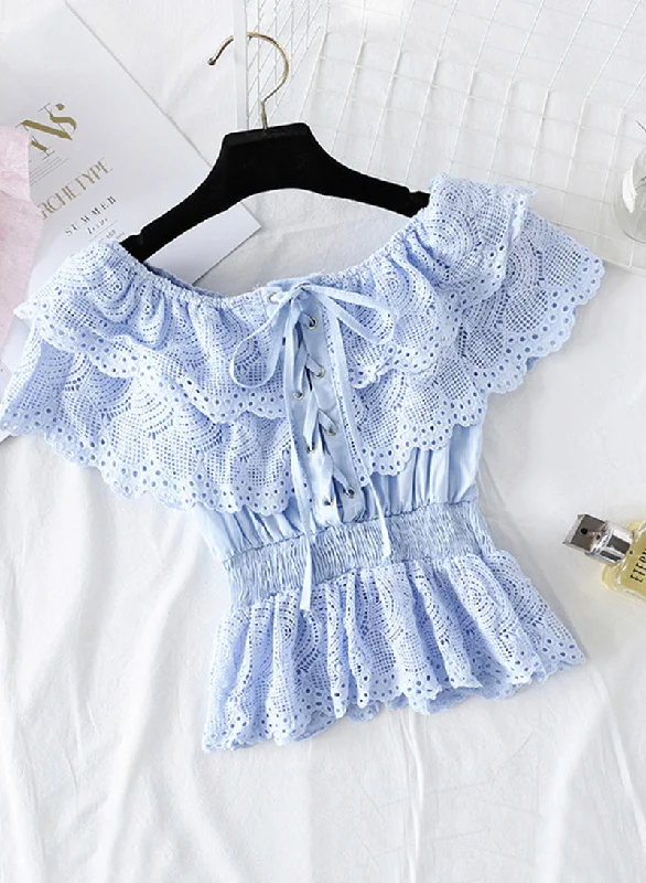 Velvet Short Sleeve TopsRomantic Short-sleeved Lace Top Women's Tops    S4388