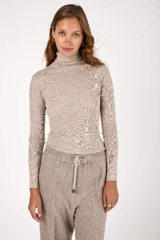 Virgin Wool and Silk Knit Turtleneck Sweater in Beige