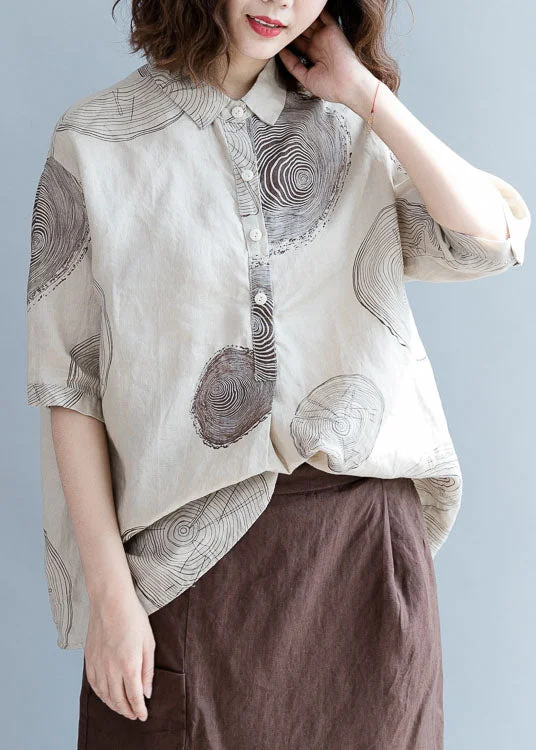 Art Beige Peter Pan Collar Print Cotton Blouse Tops Half SleeveTravel Shirts