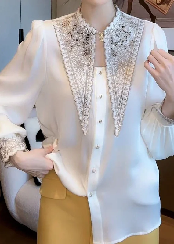 Art White Embroidered Patchwork Chiffon Blouses SpringRuffled Shirts