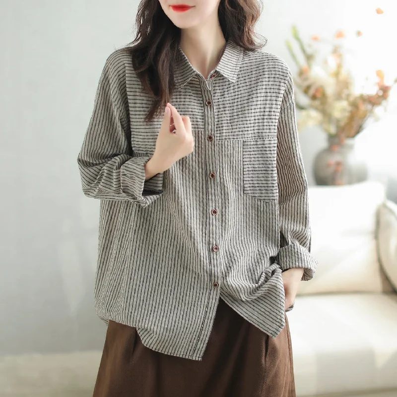 Autumn Casual Fashion Stripe Cotton Loose BlouseWrap Shirts