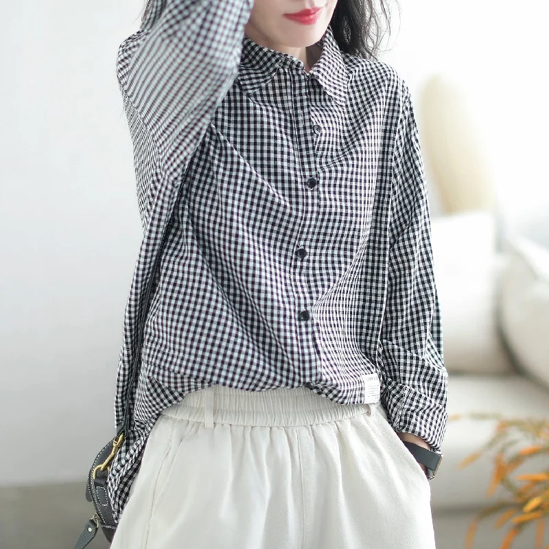 Autumn Casual Minimalist Plaid Cotton Loose BlouseHemp Shirts