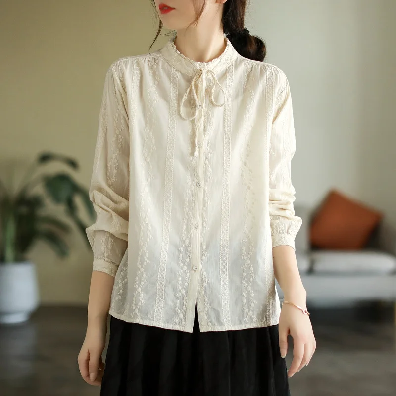 Autumn Retro Lace Embroidery Loose Cotton BlouseMetallic Shirts