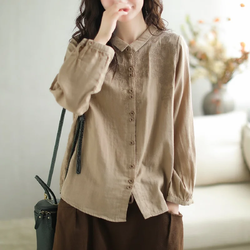 Autumn Retro Loose Embroidery Linen Casual BlouseAsymmetrical Shirts