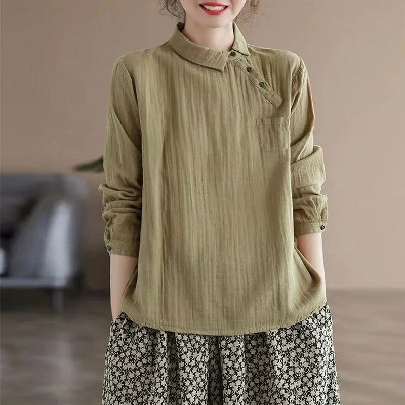 Autumn Retro Pleated Solid Linen BlouseOutdoor Shirts