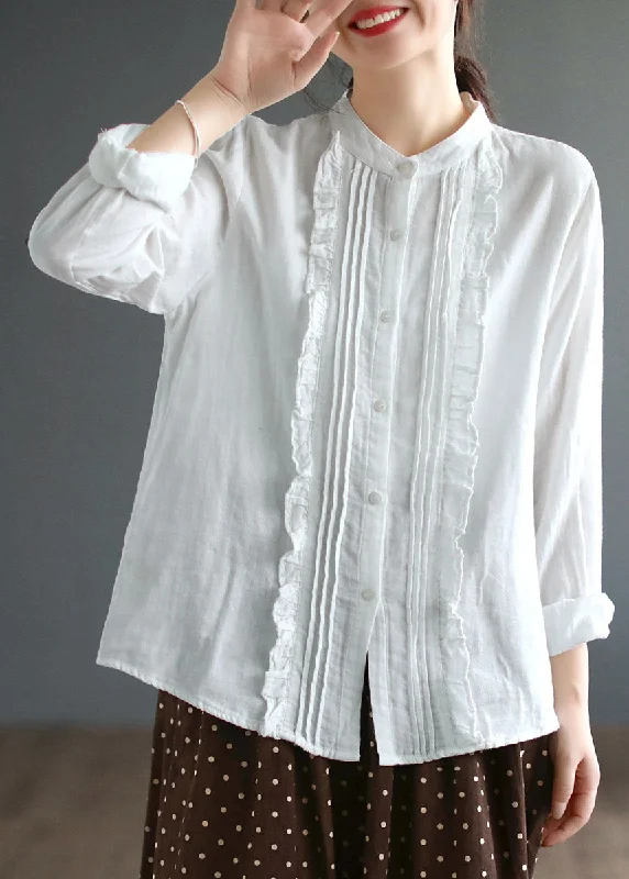 Beautiful White Stand Collar Ruffled Patchwork Cotton Blouse Tops SpringZippered Shirts