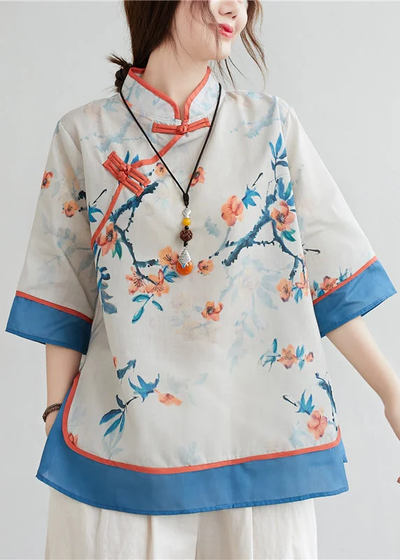 Blue Patchwork Linen Blouses Stand Collar Oriental Button SummerAthletic Shirts