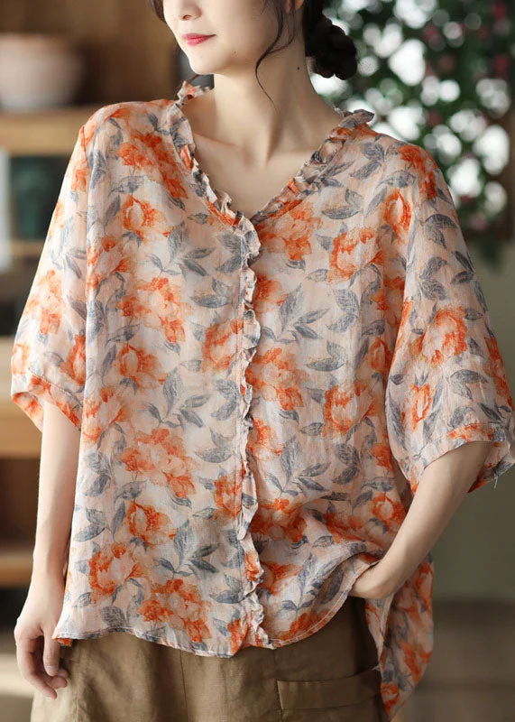 Bohemian Orange Ruffled Print Patchwork Linen Blouses SummerBeaded Shirts