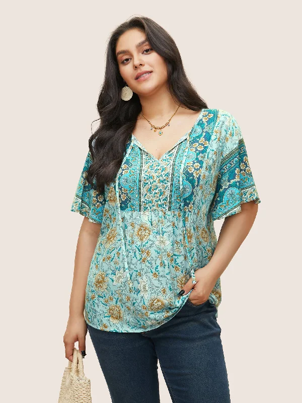 Boho Print Tie Neck Gathered BlouseLogo Shirts