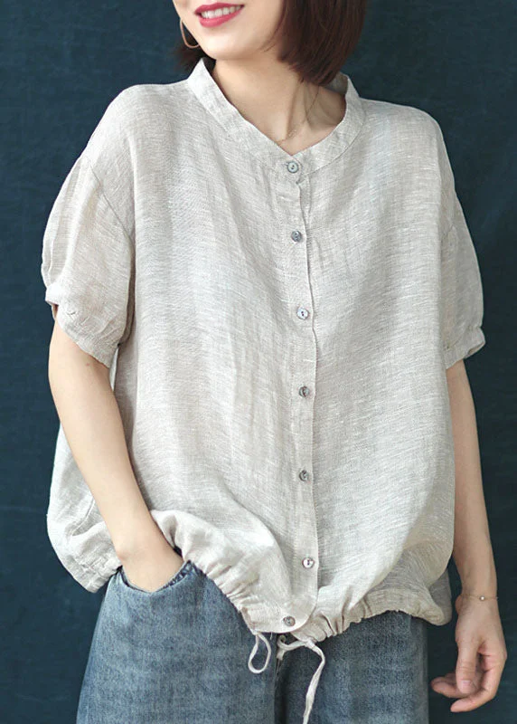 Boutique Beige Stand Collar Patchwork Linen Blouses SummerFlannel Shirts