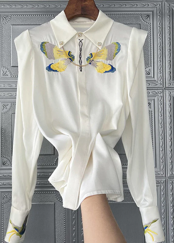 Boutique White Embroideried Patchwork Chain Silk Blouse Tops SpringYoga Shirts