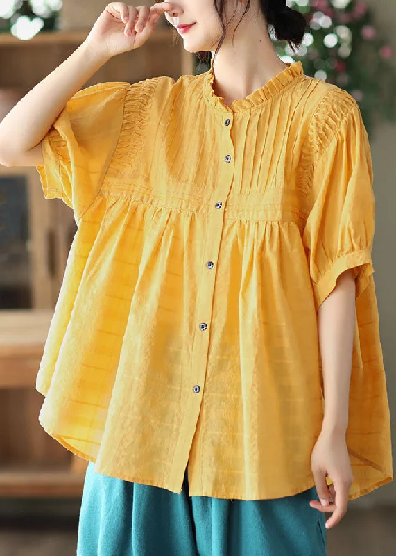 Boutique Yellow Ruffled Button Patchwork Cotton Blouse Top SummerCollege Shirts