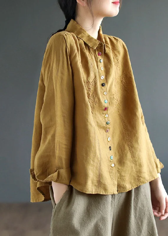 Casual Yellow Peter Pan Collar Embroideried Linen Blouse Tops FallFlannel Shirts