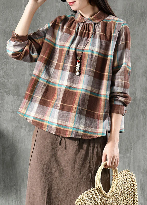 Chic Coffee Plaid Peter Pan Collar Patchwork Linen Blouse Tops SpringPlush Shirts