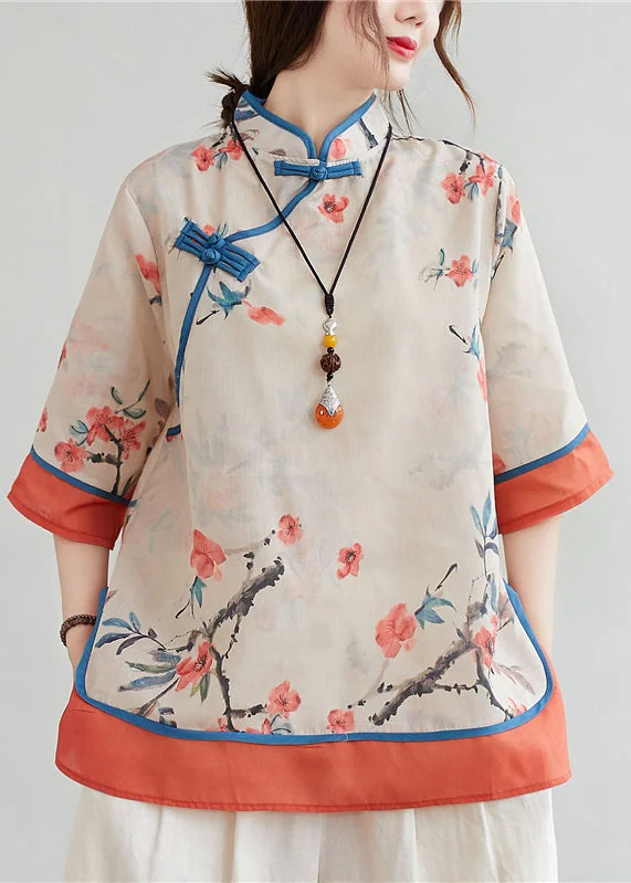 Chinese Style Orange Stand Collar Print Linen Blouse Top Half SleeveRunning Shirts