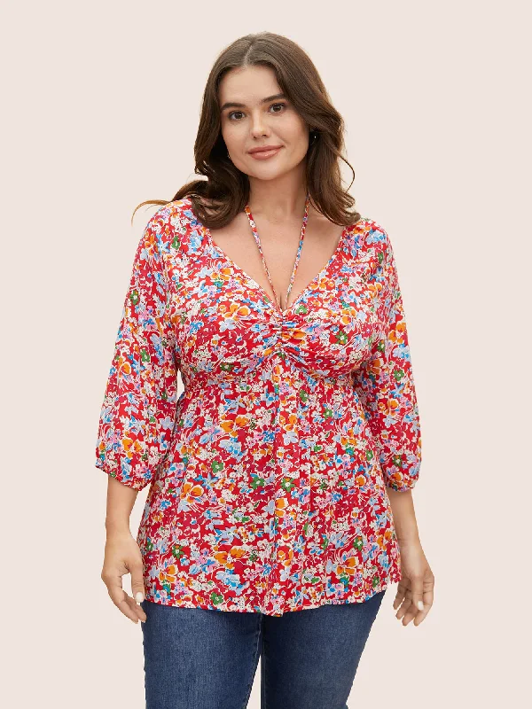 Colored Floral Tie Knot Lantern Sleeve BlouseCycling Shirts