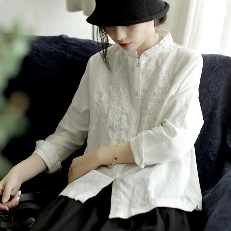 Spring Loose Casual Floral Embroidery Linen BlouseSleep Shirts