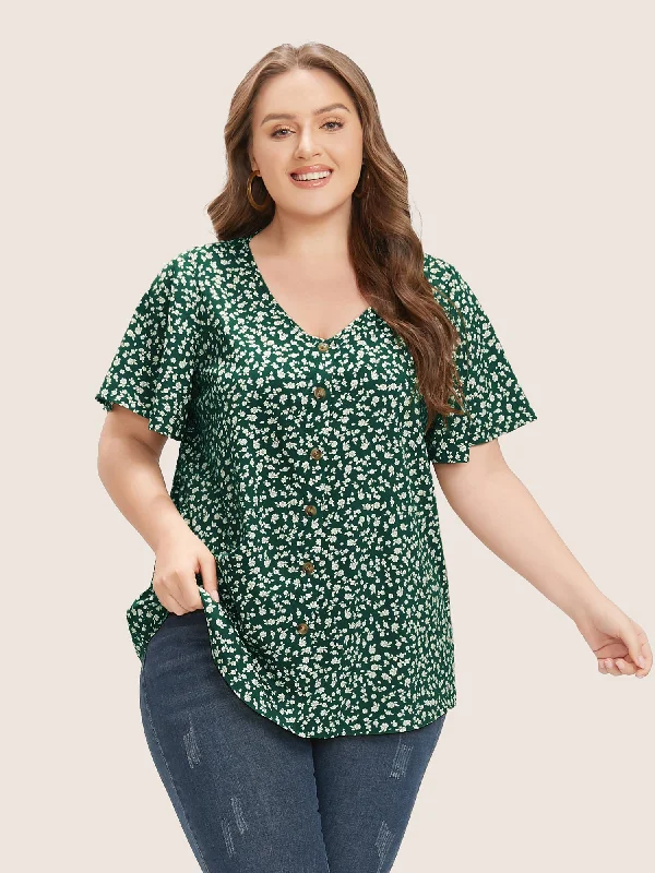 Ditsy Floral Ruffle Sleeve Button Detail BlouseHunting Shirts