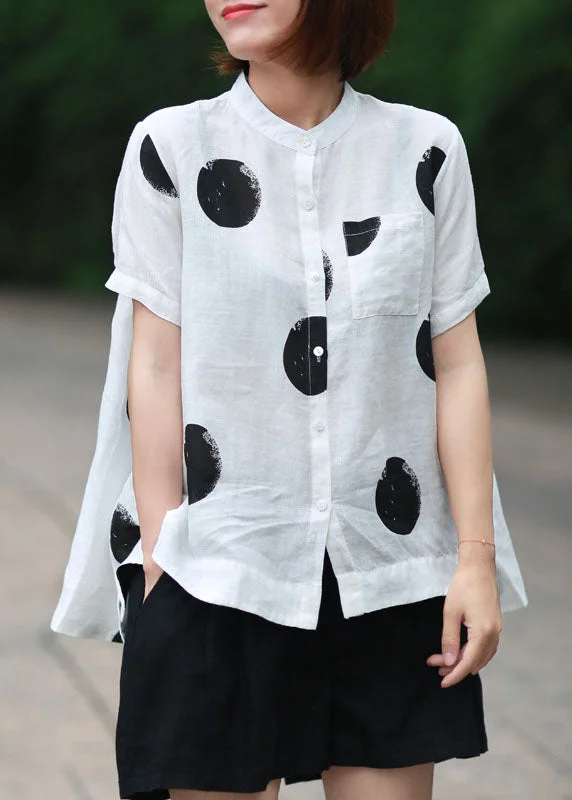 DIY White Stand Collar Dot Print Patchwork Linen Blouses SummerWool Shirts