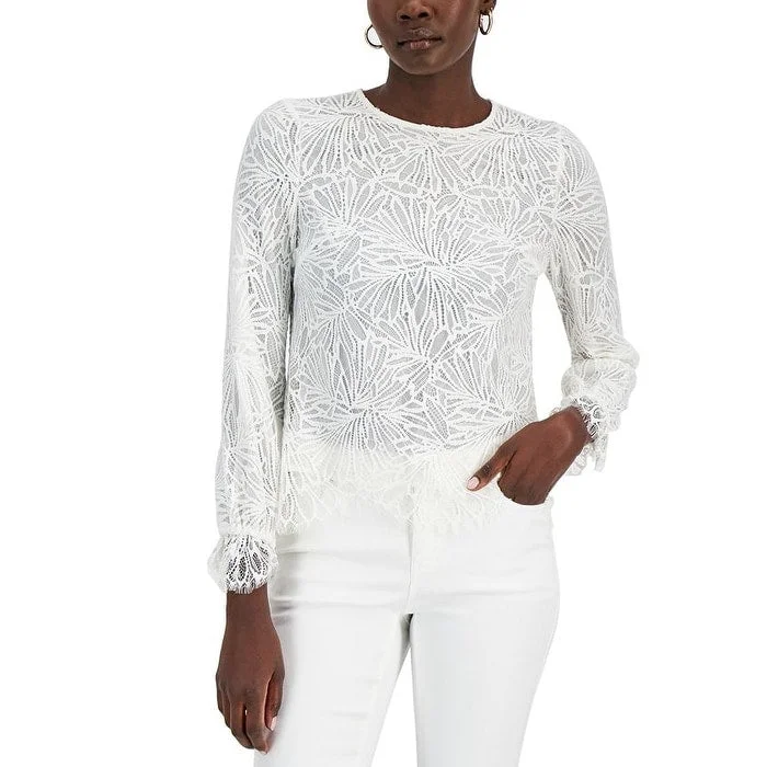 Donna Karan Women's Scallop Lace Blouse WhiteSlim Fit Shirts