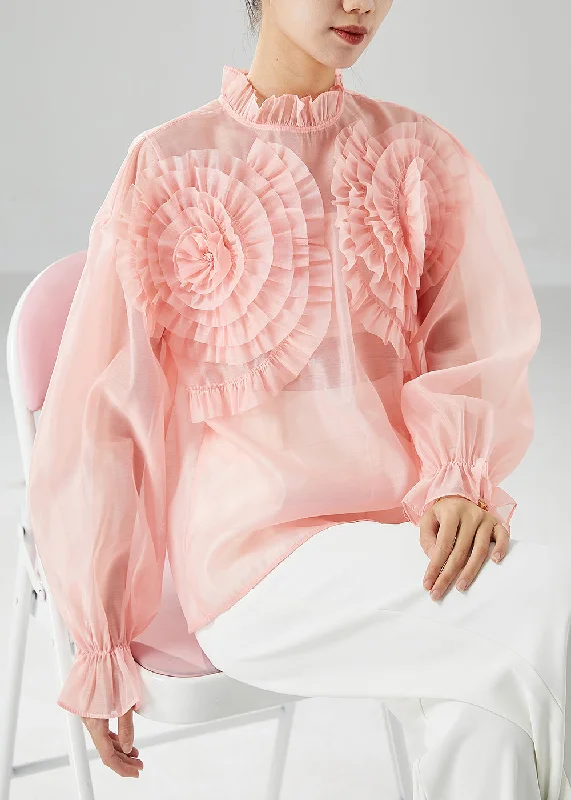 Elegant Pink Ruffled Floral Chiffon Blouses SummerFringed Shirts