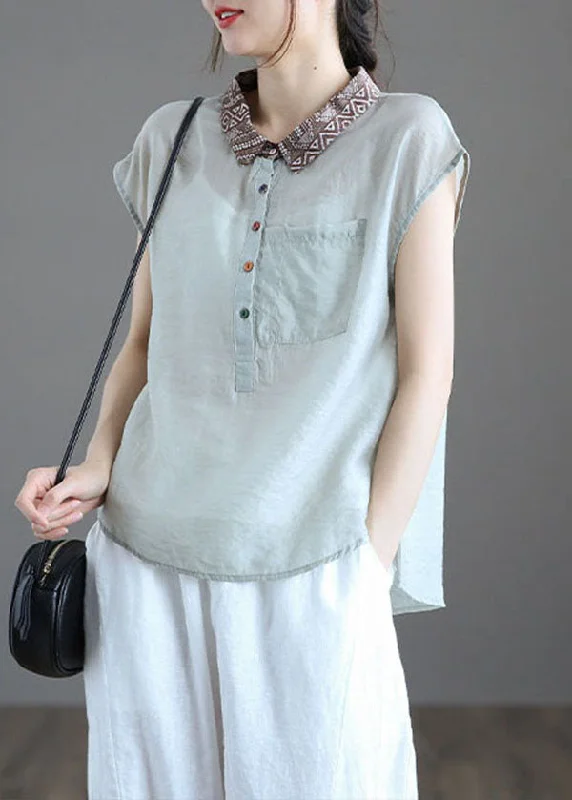 Fitted Light Blue Peter Pan Collar Pockets Patchwork Linen Blouse Tops SummerLimited Edition Shirts